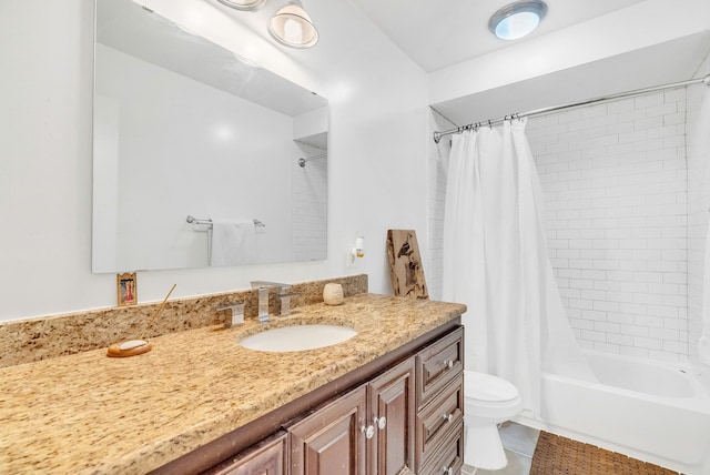 full bathroom with vanity, tile patterned floors, toilet, and shower / bathtub combination with curtain