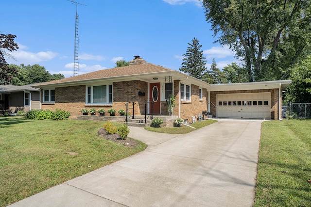 single story home featuring a front yard and a garage