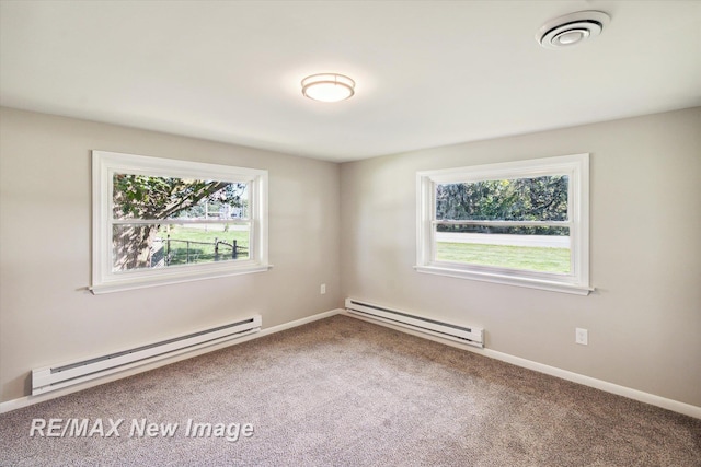 spare room with carpet, a baseboard radiator, and plenty of natural light