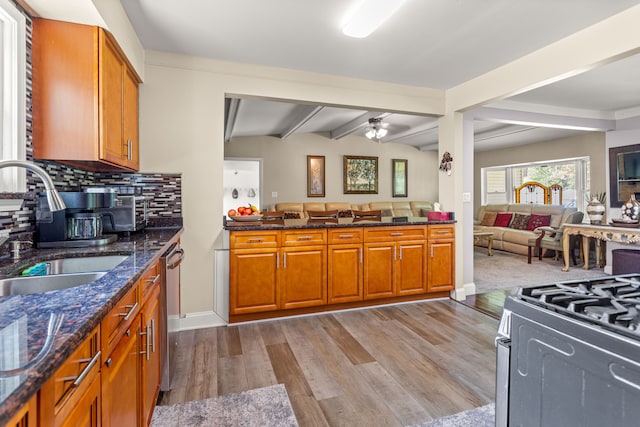 kitchen featuring sink, stainless steel appliances, tasteful backsplash, light hardwood / wood-style flooring, and dark stone countertops