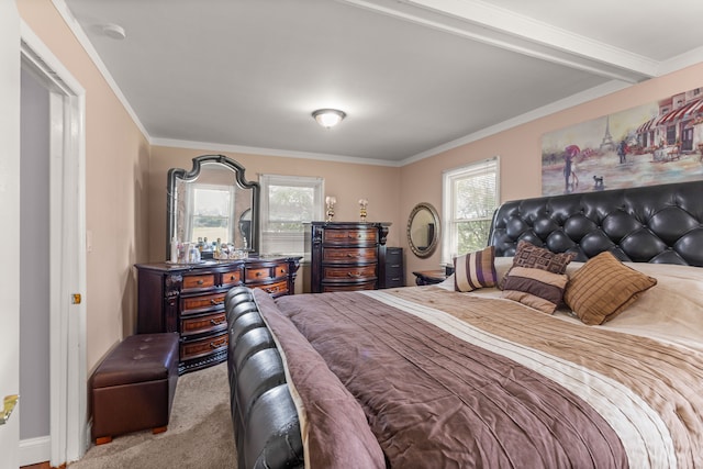 carpeted bedroom featuring multiple windows and crown molding