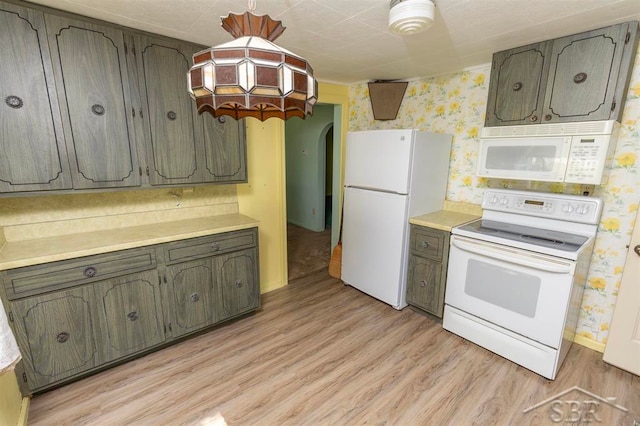 kitchen featuring light hardwood / wood-style floors, dark brown cabinetry, and white appliances