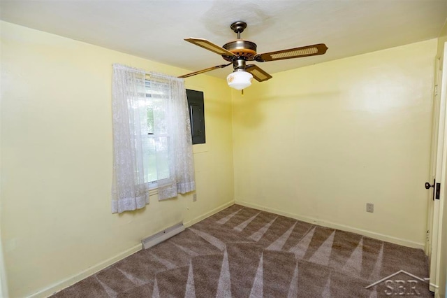 carpeted empty room featuring electric panel, ceiling fan, and a baseboard heating unit