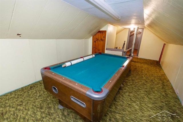 rec room with dark colored carpet, pool table, and vaulted ceiling