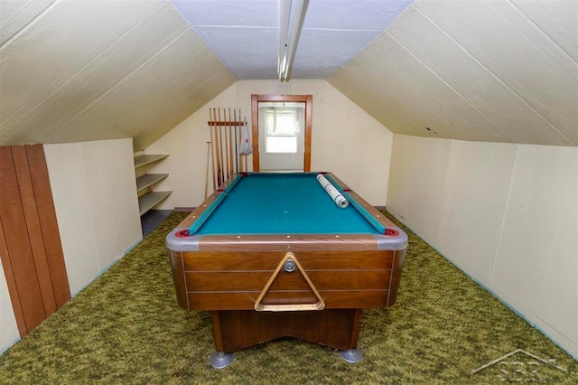 recreation room featuring vaulted ceiling, dark carpet, and billiards