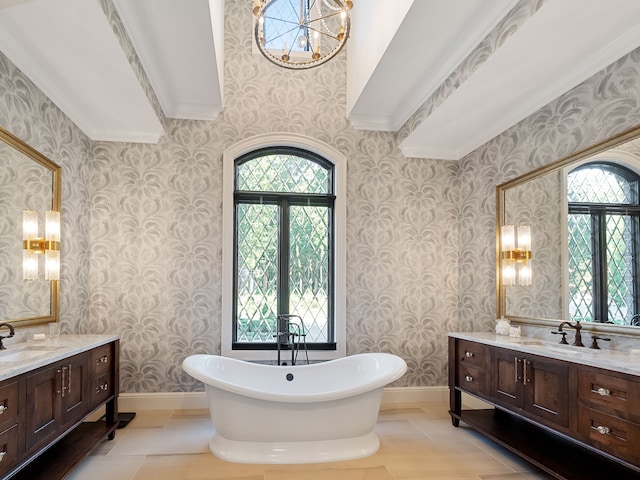 bathroom featuring tile patterned flooring, a bath, vanity, and french doors