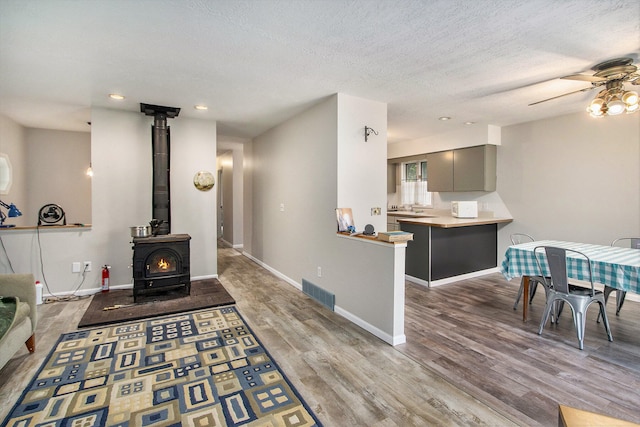 living room with a wood stove, ceiling fan, sink, a textured ceiling, and hardwood / wood-style flooring