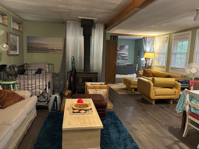 living room featuring a wood stove and dark hardwood / wood-style floors