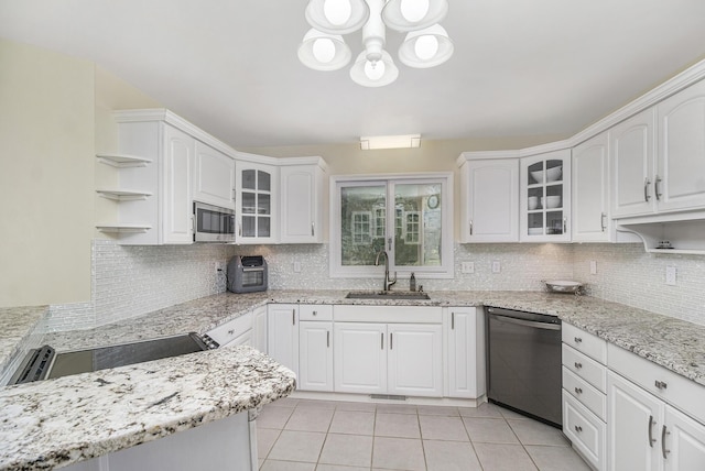 29100 Heritage Ln, Paw Paw, MI 49079 - kitchen featuring stainless steel appliances, open shelves, a chandelier, tasteful backsplash, and white cabinets