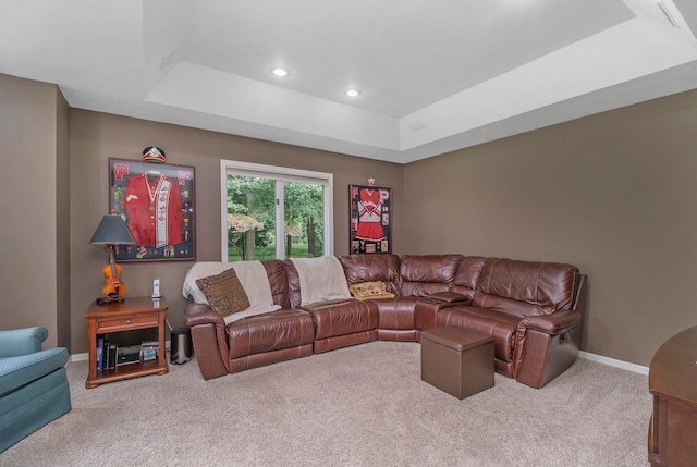 carpeted living room with a raised ceiling