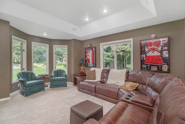 living room featuring carpet, a healthy amount of sunlight, and a raised ceiling