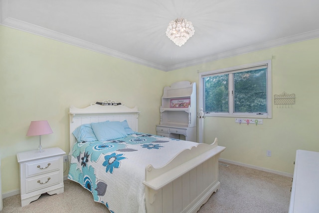 bedroom featuring light carpet, crown molding, and a notable chandelier