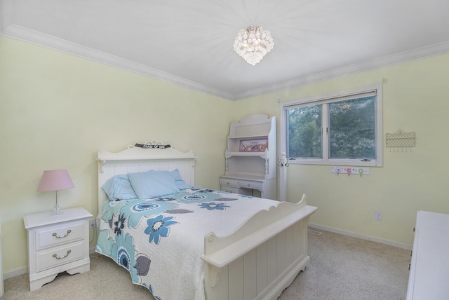 29100 Heritage Ln, Paw Paw, MI 49079 - bedroom with light colored carpet, ornamental molding, and a chandelier