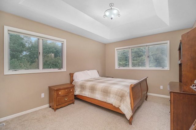 bedroom featuring a raised ceiling, multiple windows, and light colored carpet