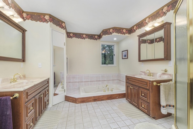 29100 Heritage Ln, Paw Paw, MI 49079 - bathroom featuring tile patterned floors, two vanities, and a jetted tub
