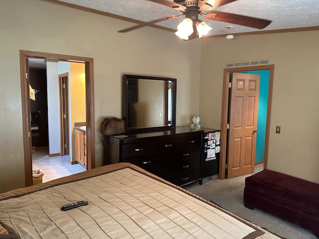 carpeted bedroom featuring crown molding, a textured ceiling, and ceiling fan