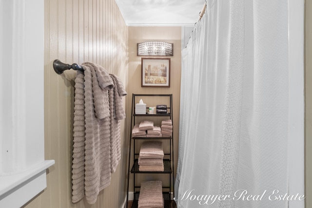 bathroom with wood walls