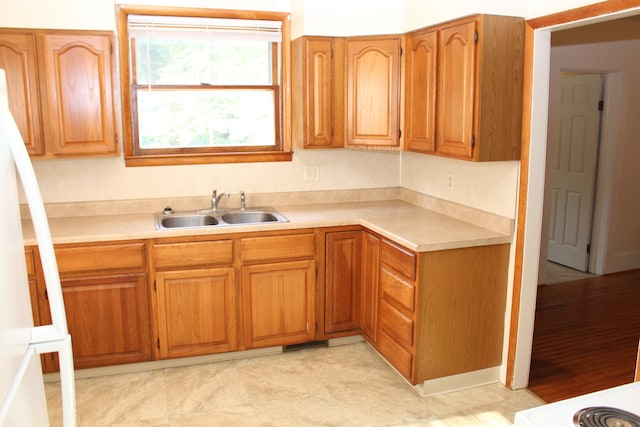 kitchen featuring light hardwood / wood-style floors, white fridge, and sink