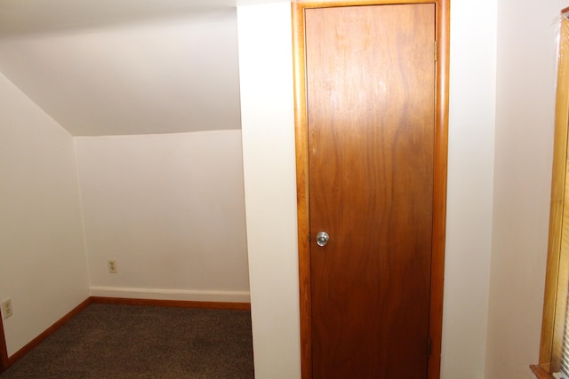 interior space featuring dark colored carpet and vaulted ceiling