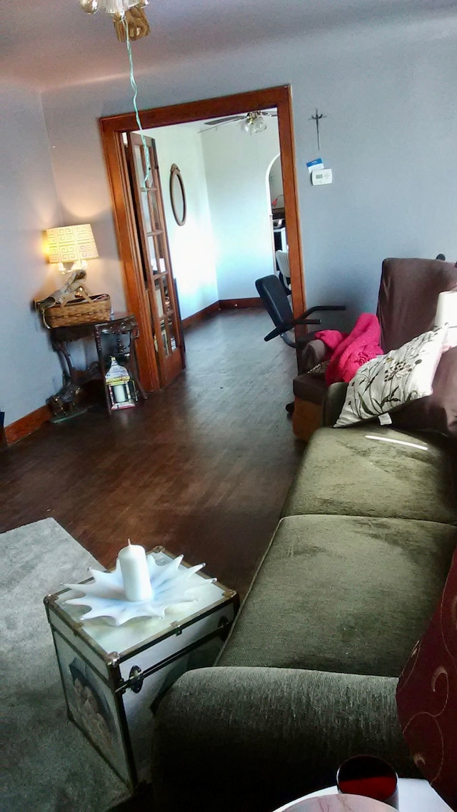 living room featuring dark wood-type flooring