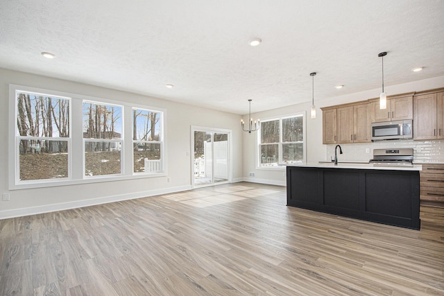 kitchen featuring tasteful backsplash, an island with sink, appliances with stainless steel finishes, and light wood-type flooring