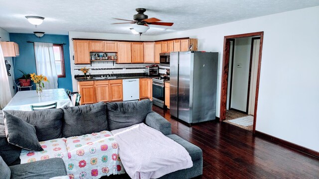 12448 Jefferson Rd, Morley, MI 49336 - kitchen with appliances with stainless steel finishes, dark countertops, dark wood finished floors, a ceiling fan, and baseboards