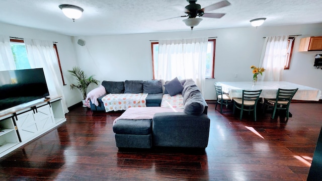 living room with dark hardwood / wood-style flooring, plenty of natural light, and ceiling fan