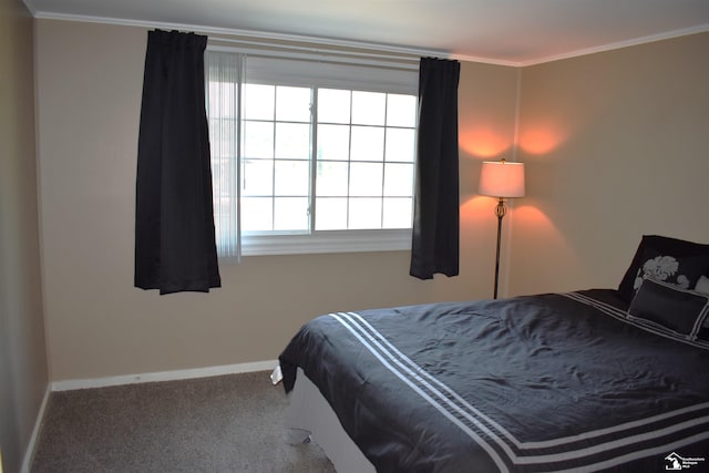 bedroom with carpet and crown molding