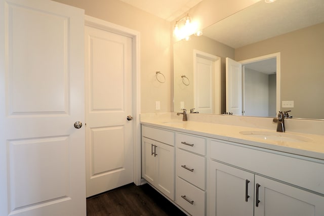 bathroom with wood-type flooring and vanity