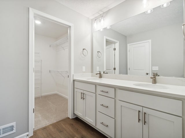 bathroom featuring vanity, wood-type flooring, and a textured ceiling