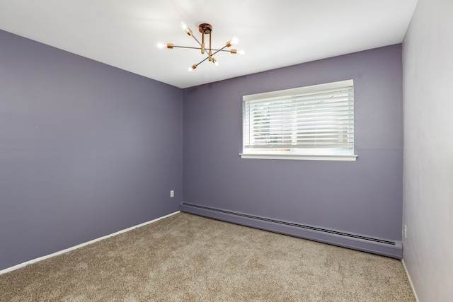 unfurnished room featuring a chandelier, carpet floors, and a baseboard radiator