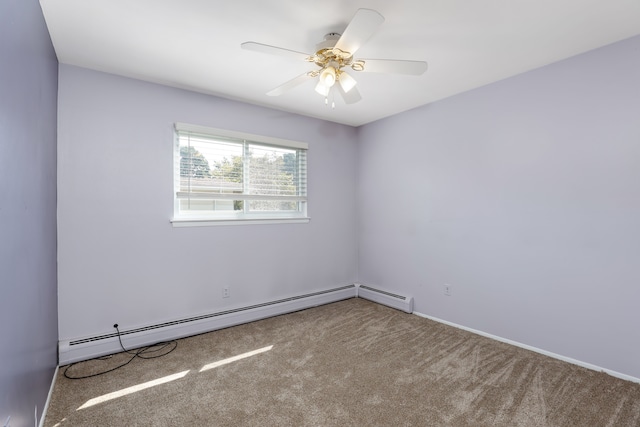 carpeted empty room featuring ceiling fan and a baseboard heating unit