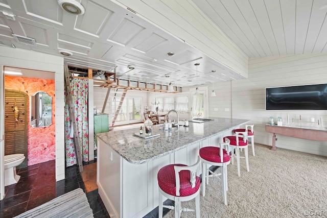 624 Fishermans Wharf, Horton, MI 49246 - kitchen with wood walls, light stone countertops, a breakfast bar, an island with sink, and healthy amount of natural light