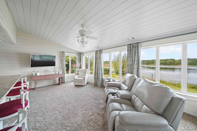 624 Fishermans Wharf, Horton, MI 49246 - sunroom / solarium featuring healthy amount of natural light, vaulted ceiling, wood ceiling, carpet floors, and wood walls