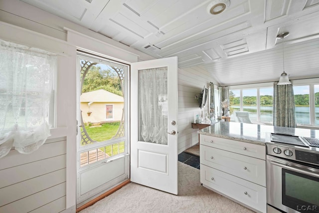 624 Fishermans Wharf, Horton, MI 49246 - kitchen featuring stainless steel range with electric stovetop, light carpet, white cabinetry, wooden walls, and light stone countertops
