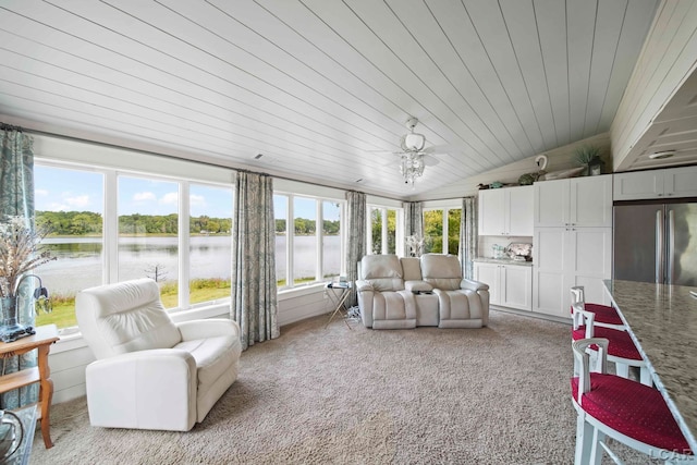624 Fishermans Wharf, Horton, MI 49246 - sunroom / solarium with lofted ceiling, a water view, carpet, and wooden ceiling