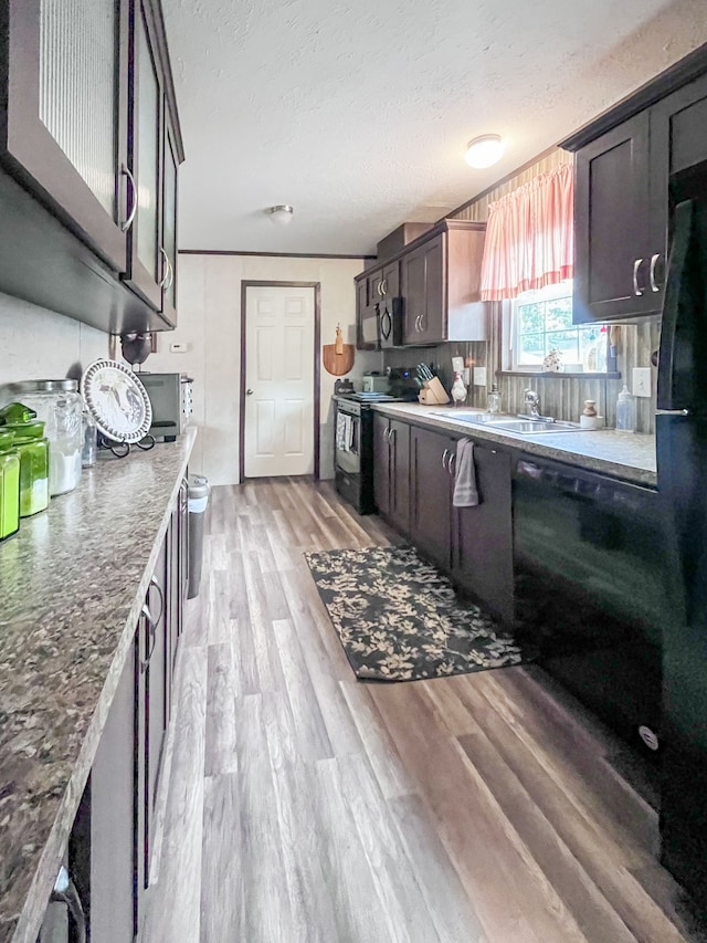 kitchen featuring dark brown cabinets, light hardwood / wood-style flooring, a textured ceiling, and black range with electric cooktop