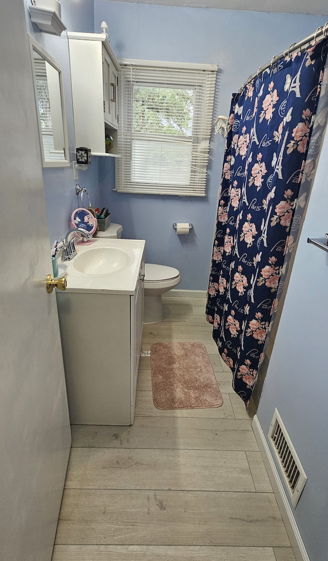 bathroom with vanity, wood-type flooring, and toilet