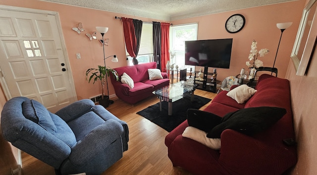 living room with a textured ceiling and light hardwood / wood-style floors