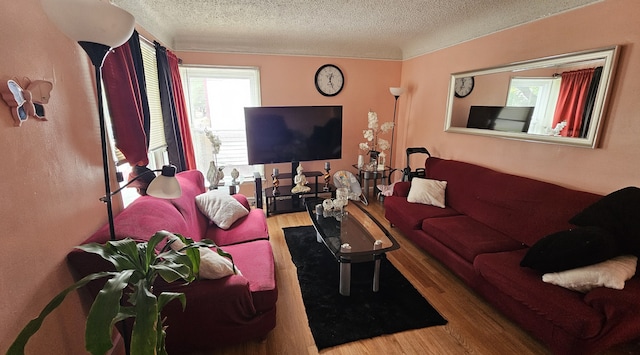 living room featuring hardwood / wood-style flooring and a textured ceiling