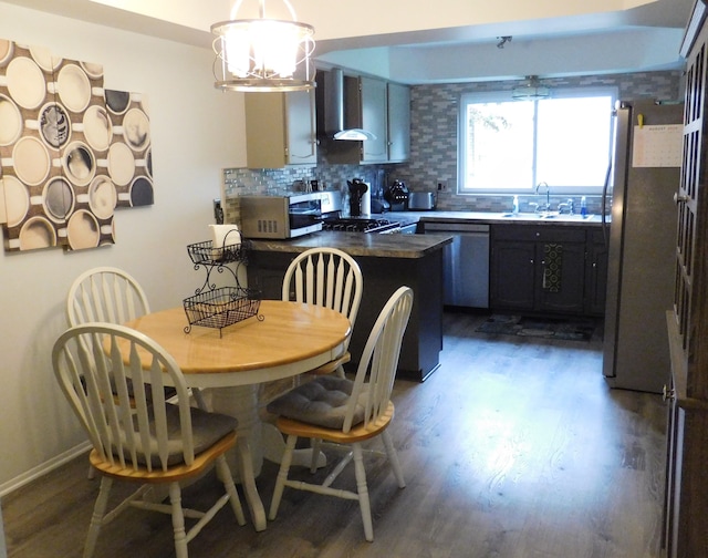 kitchen with sink, dark wood-type flooring, stainless steel appliances, wall chimney range hood, and tasteful backsplash