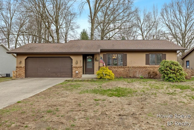 ranch-style house with driveway, brick siding, central AC unit, and a garage