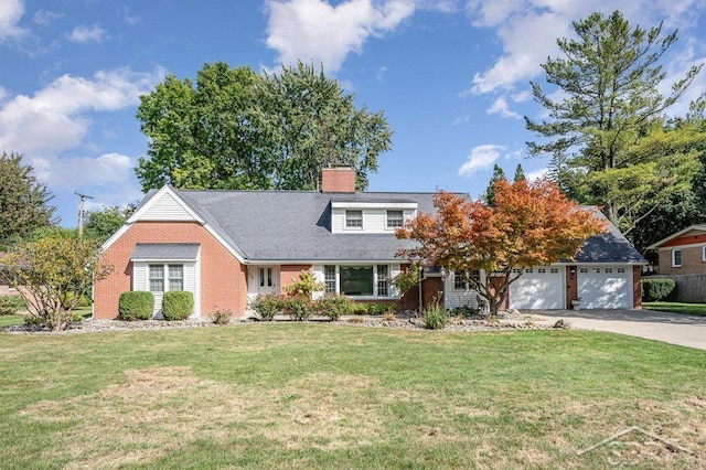 cape cod house with a front yard and a garage