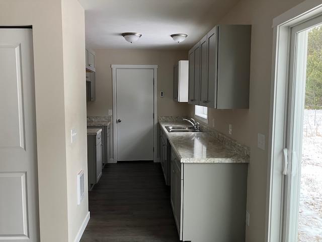2711 Sawyer Rd, Traverse City, MI 49685 - kitchen featuring gray cabinets, sink, and dark hardwood / wood-style floors