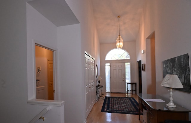 entrance foyer with a towering ceiling and light wood-type flooring