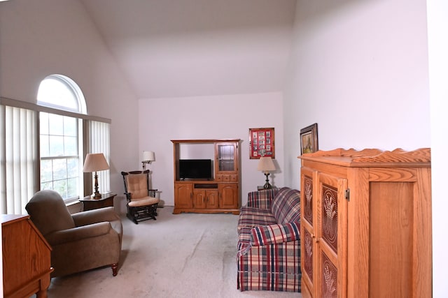 living room featuring carpet and high vaulted ceiling