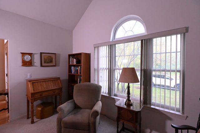 living area featuring carpet floors, a healthy amount of sunlight, and high vaulted ceiling