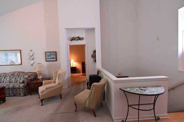 sitting room featuring light carpet