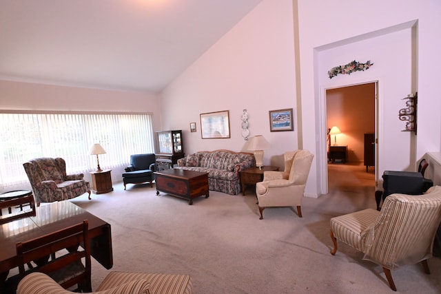 living room with light colored carpet and high vaulted ceiling