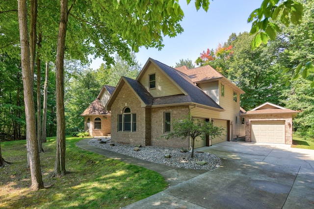 view of front facade featuring driveway, a garage, a shingled roof, a front lawn, and brick siding